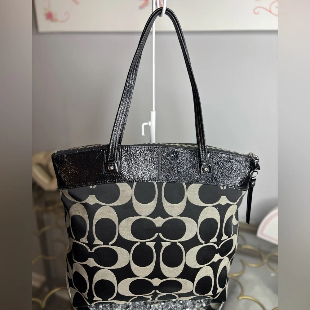 Coach Black and Khaki Signature Canvas Tote with Patent Trim